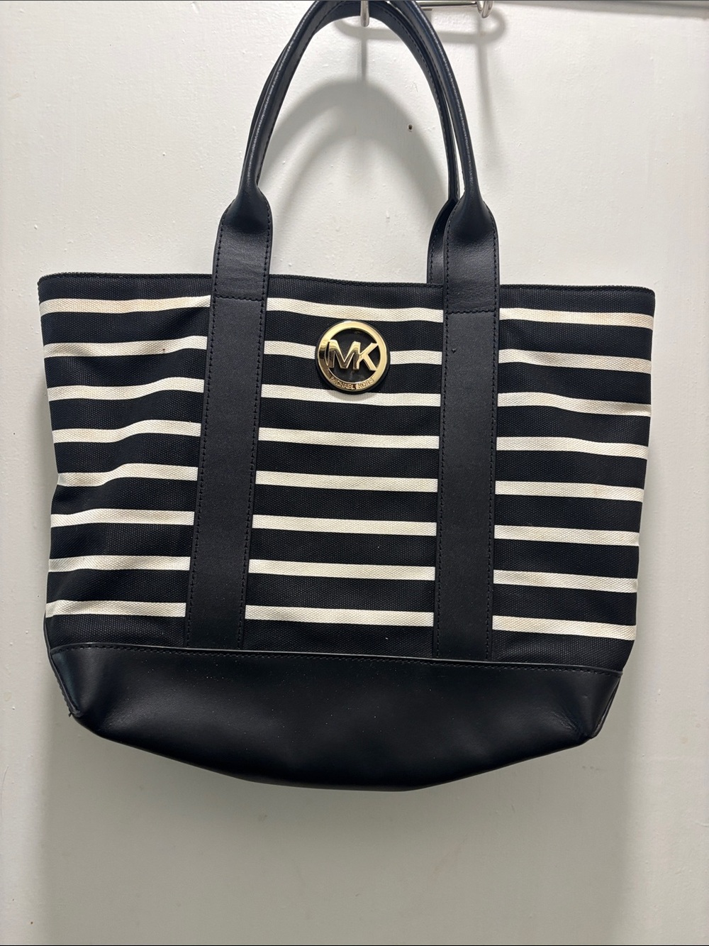 Michael Kors Navy and White Striped Canvas Tote with Gold MK Emblem